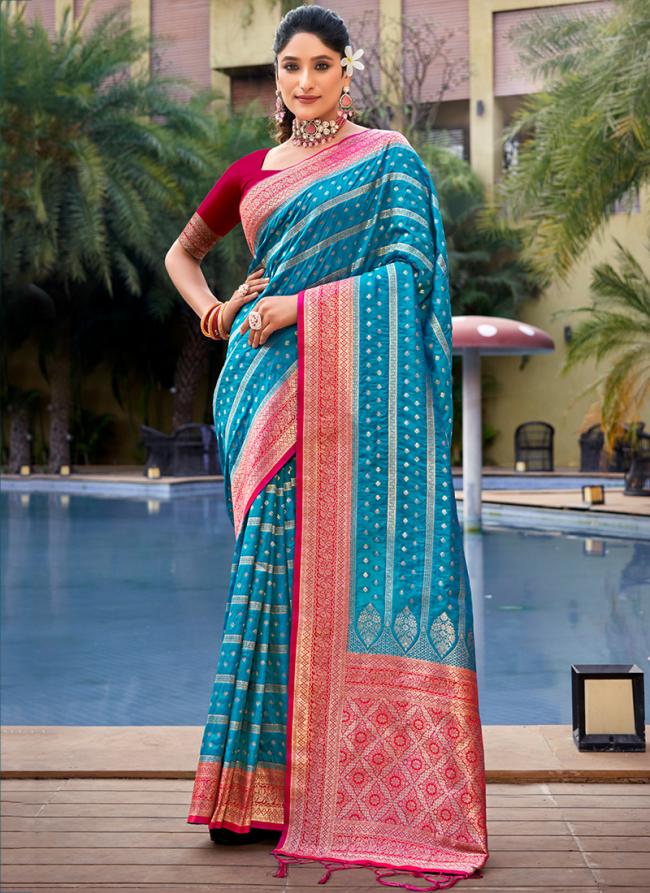 Banarasi Silk Sky Blue Festival Wear Weaving Saree